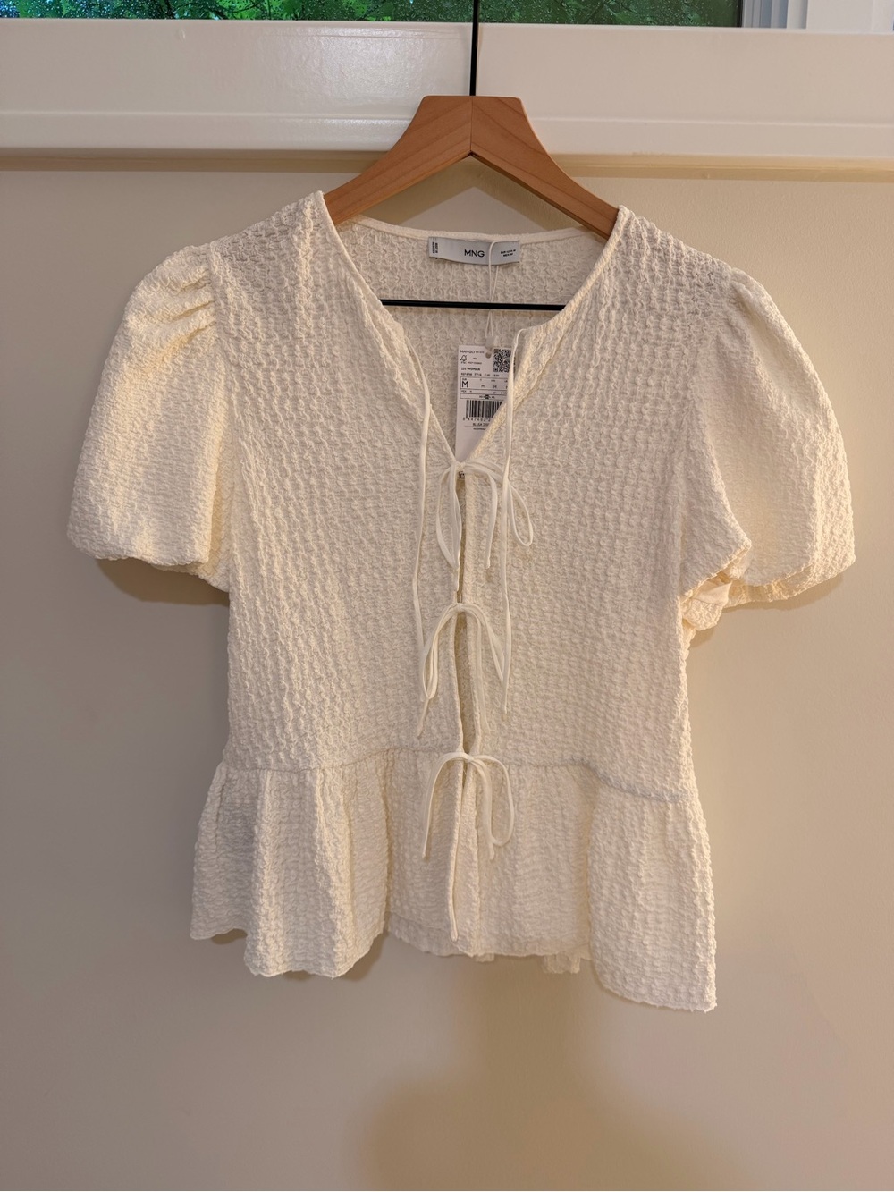 Mango Ivory Textured Tie-Front Peplum Blouse